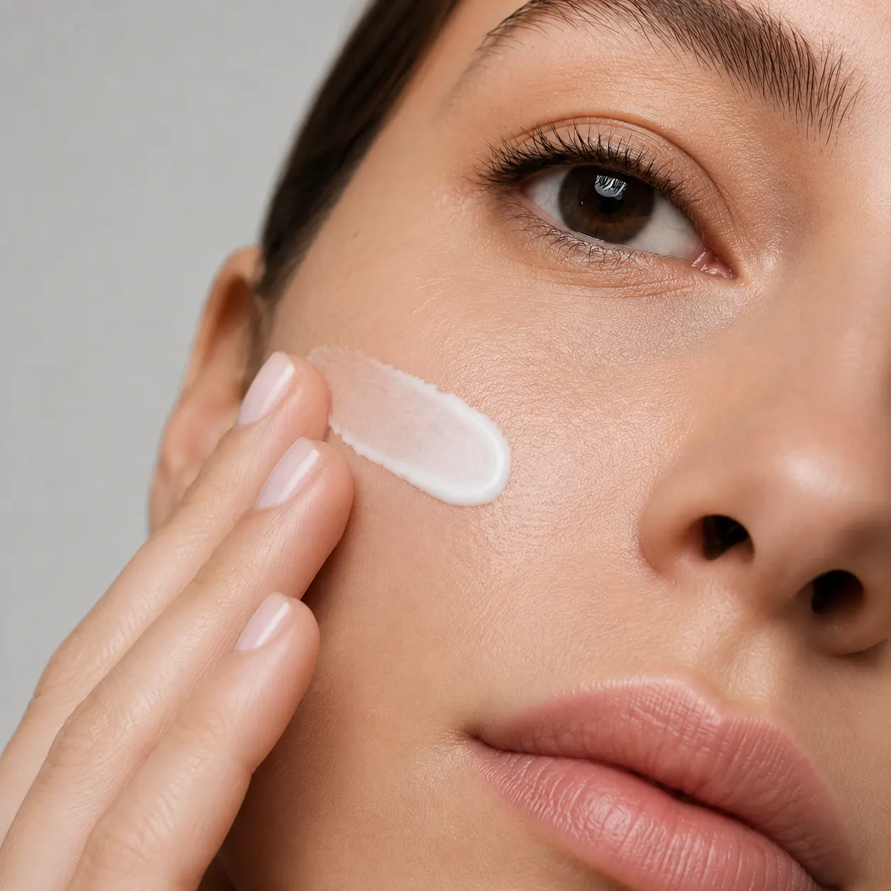 A swipe of white cream on the cheek